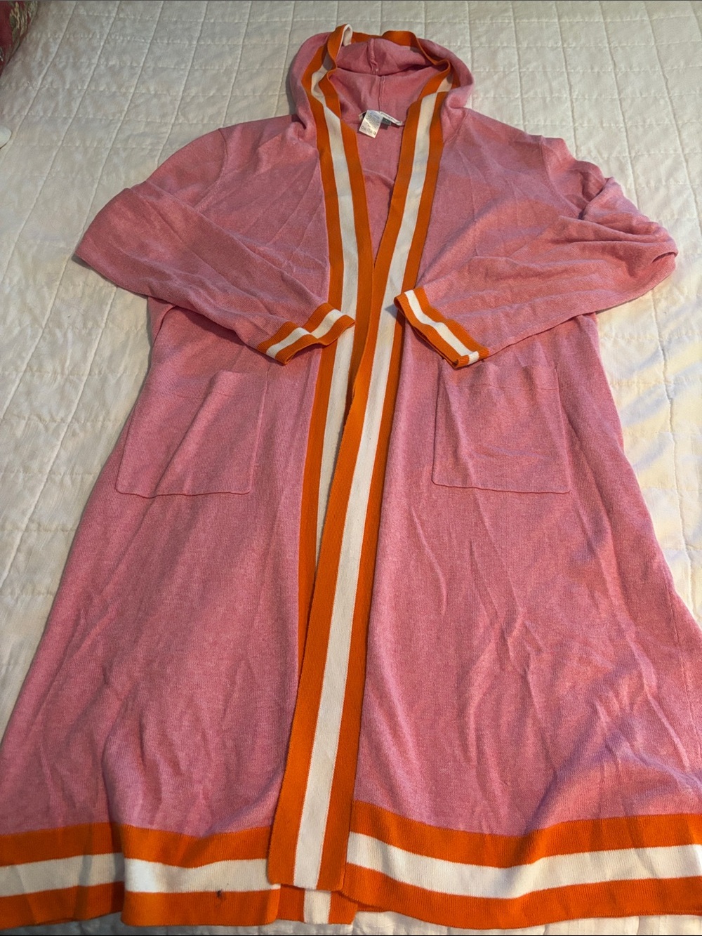 Stitch & Needle Pink Hooded Cardigan with Orange and White Trim